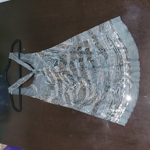 Oversized Sheer Sequin Hi Lo Racerback Flowy Evening Cocktail Tunic Top Size Lrg - Picture 10 of 12